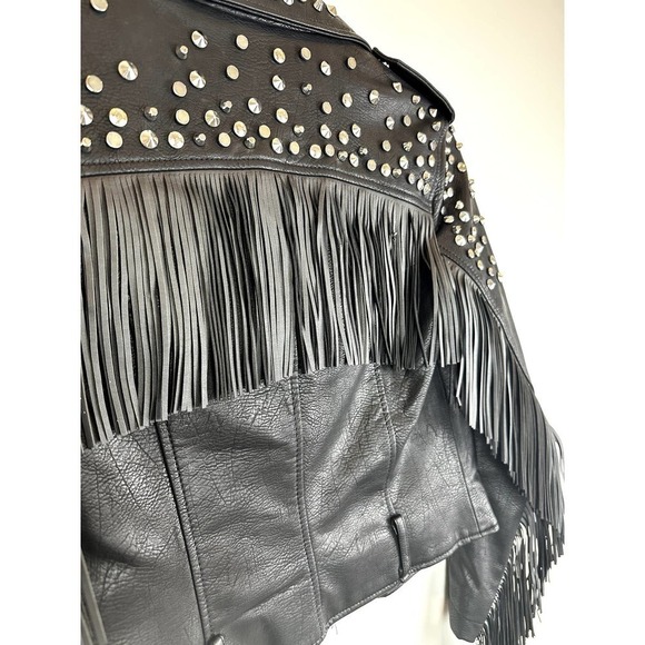 Gently Used Zara Studded Faux Black Leather Jacket w/Fringe - Picture 6 of 9